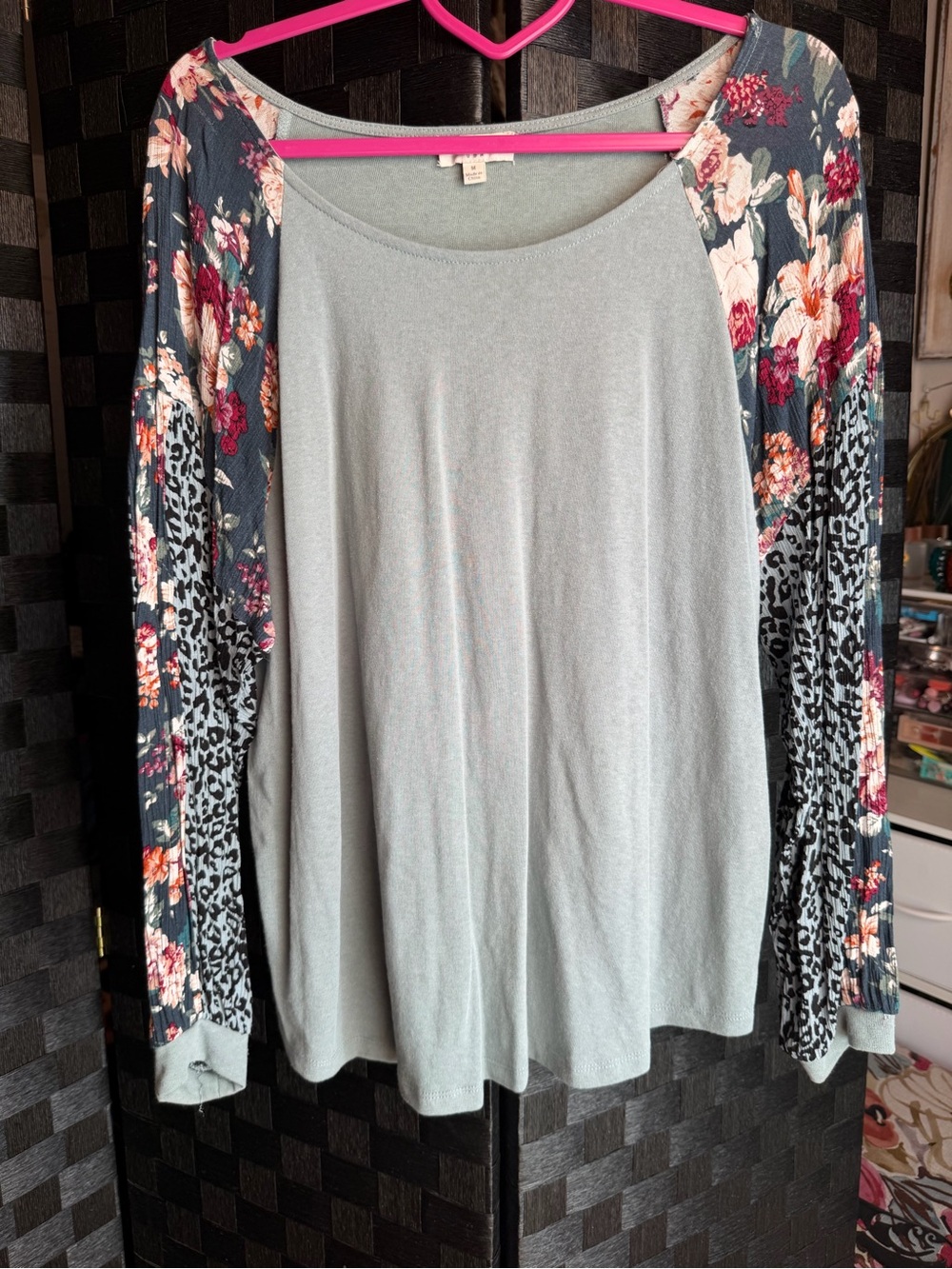 Umgee Gray Scoop Neck Raglan Top with Floral & Leopard Sleeves